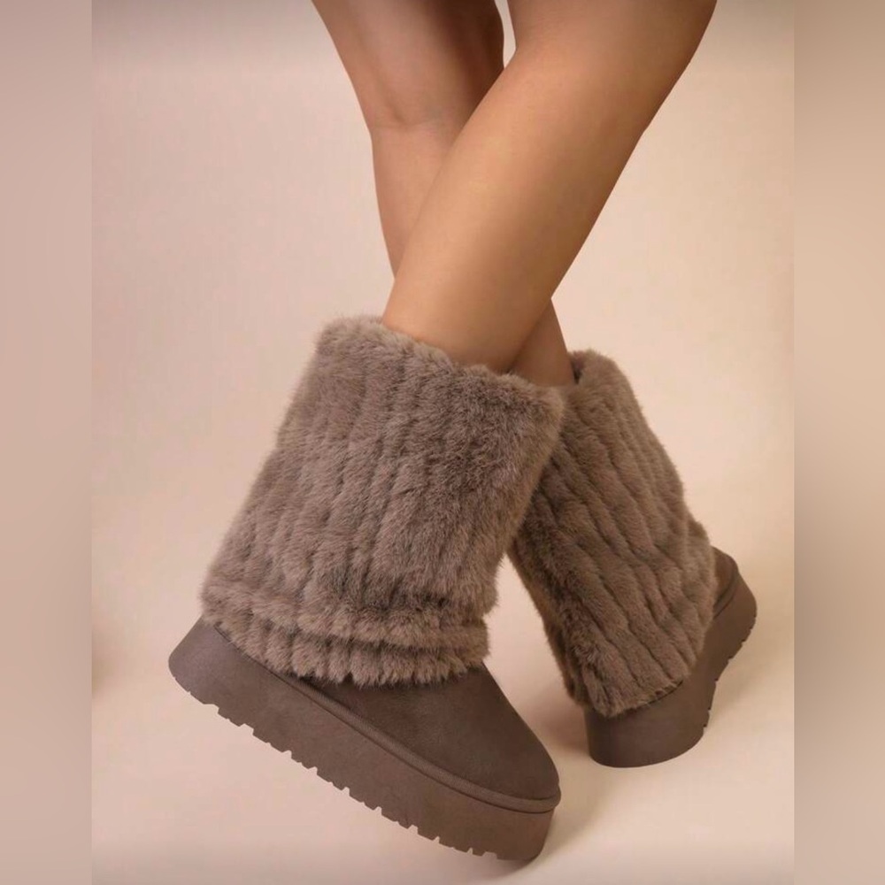 Women's Faux Fur Mid-Calf Winter Boots - Taupe. Size 40